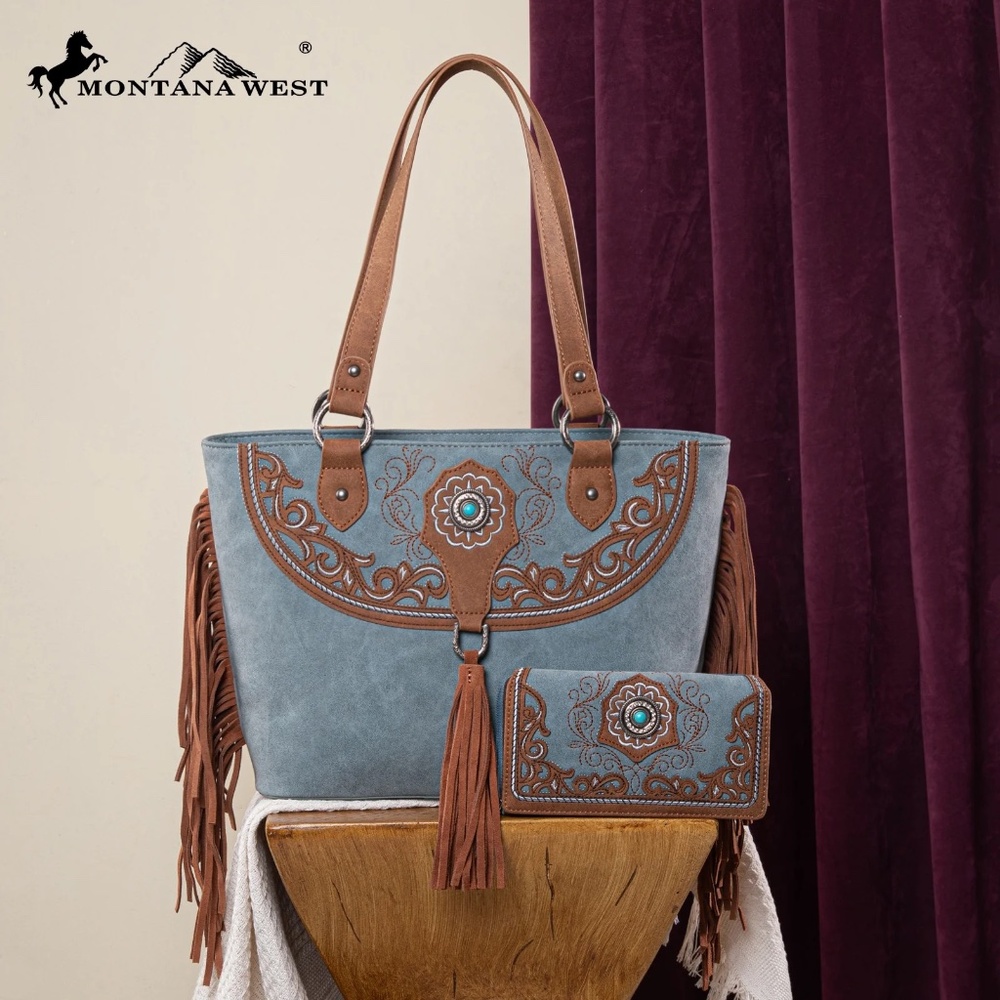 Montana West Embroidered Concealed Carry Tote with Wallet Set Jean NWT
